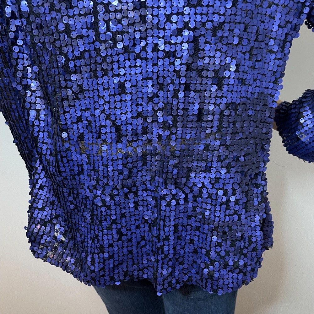 Vintage royal blue sequin layered shawl sweater jacket w ruffles in front 👑 - Picture 13 of 15